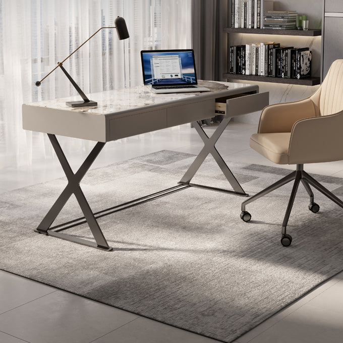 Contemporary Stone Writing Desk Bedroom Office Desk in White with Legs