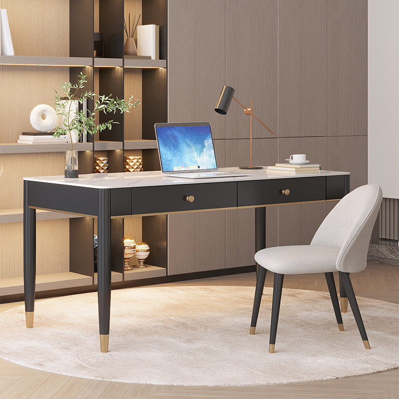 Contemporary Stone Office Desk 2 Drawers Parsons Base Writing Desk