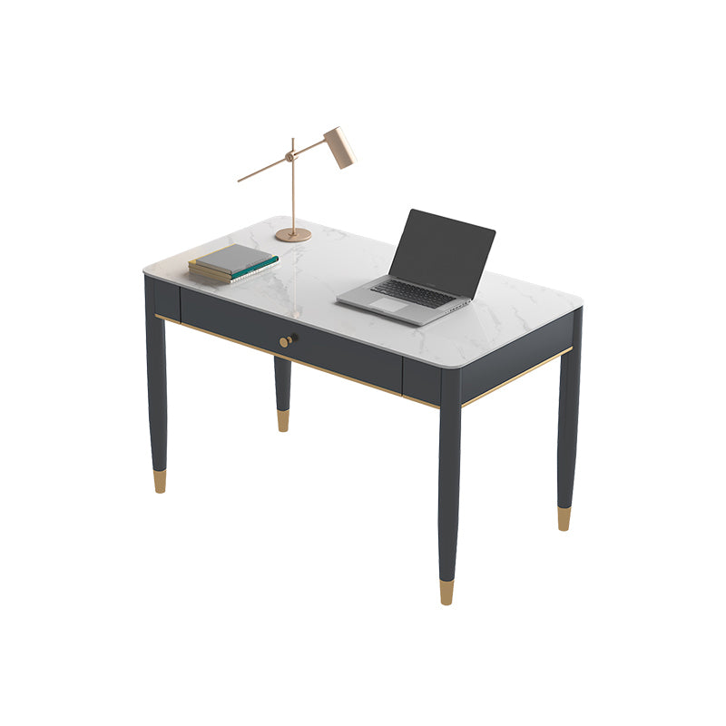 Contemporary Stone Office Desk 2 Drawers Parsons Base Writing Desk