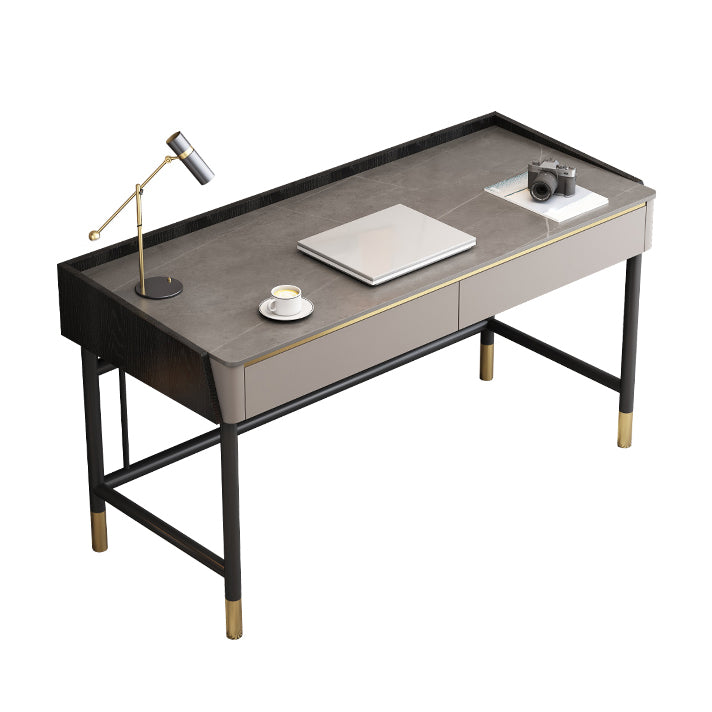 Classic Glam Office Desk Stone Rectangle Writing Desk with 2 Drawers