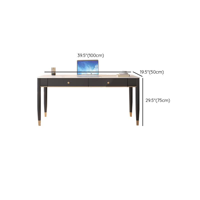 Contemporary Stone Office Desk 2 Drawers Parsons Base Writing Desk