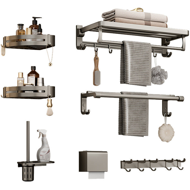 Modern Bathroom Accessory Set in Gray with Bath Shelf/Towel Bar/Robe Hooks & Paper Holder