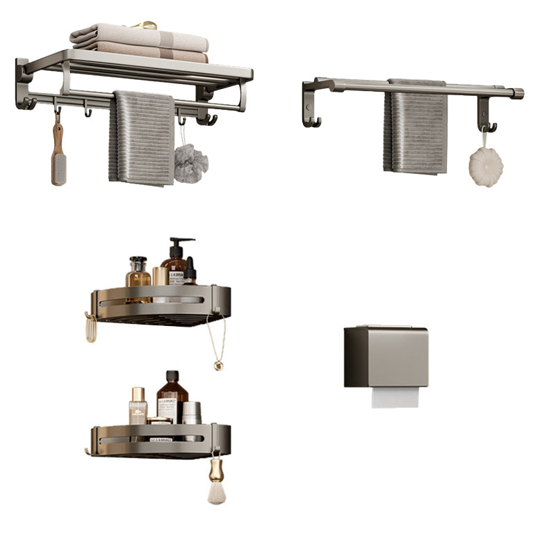 Modern Bathroom Accessory Set in Gray with Bath Shelf/Towel Bar/Robe Hooks & Paper Holder