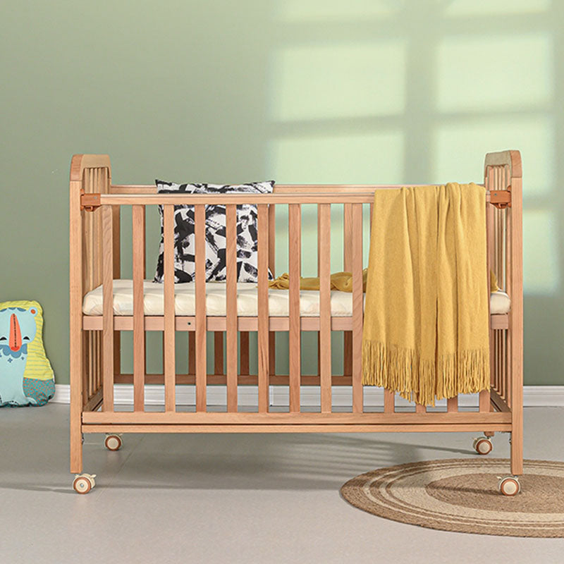 Light Wood Baby Crib Toddler Guard Rails Included Nursery Bed with Casters