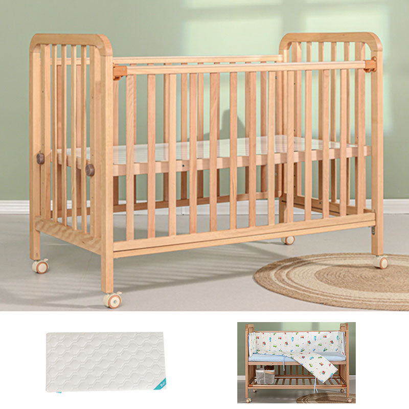 Light Wood Baby Crib Toddler Guard Rails Included Nursery Bed with Casters