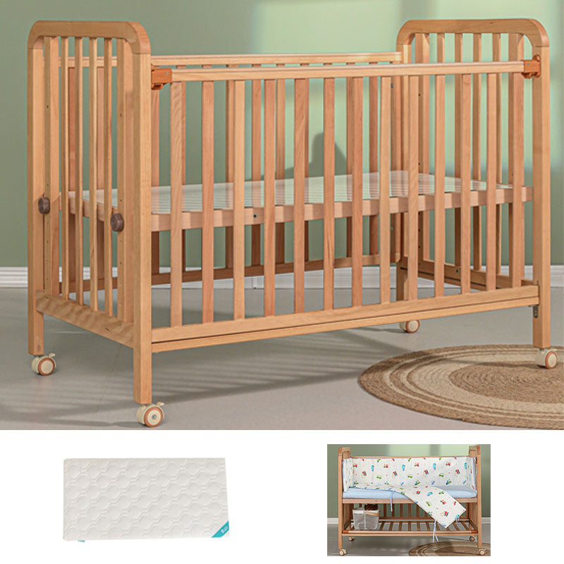 Light Wood Baby Crib Toddler Guard Rails Included Nursery Bed with Casters