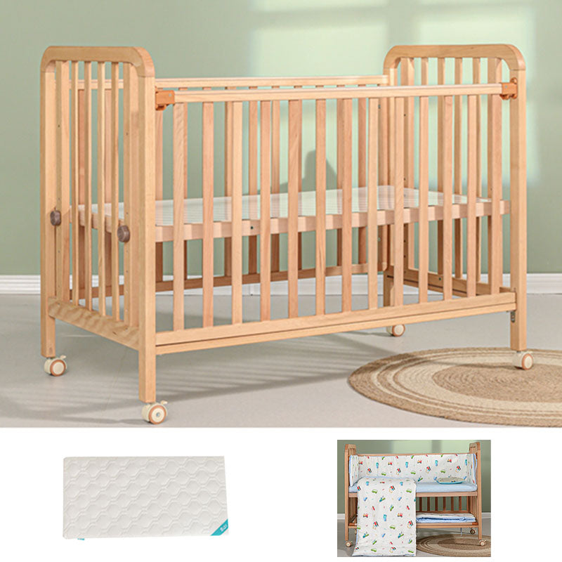 Light Wood Baby Crib Toddler Guard Rails Included Nursery Bed with Casters