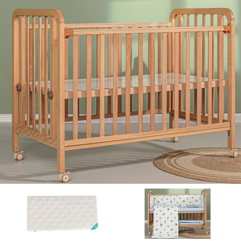 Light Wood Baby Crib Toddler Guard Rails Included Nursery Bed with Casters