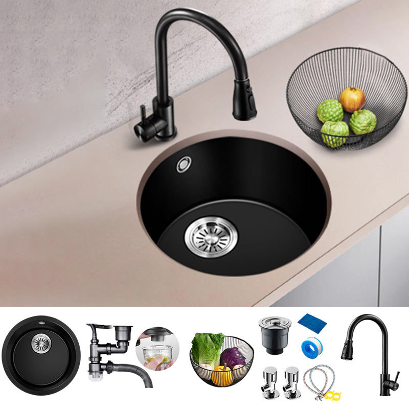 Black Quartz Kitchen Sink Round Single Bowl Sink with Basket Strainer