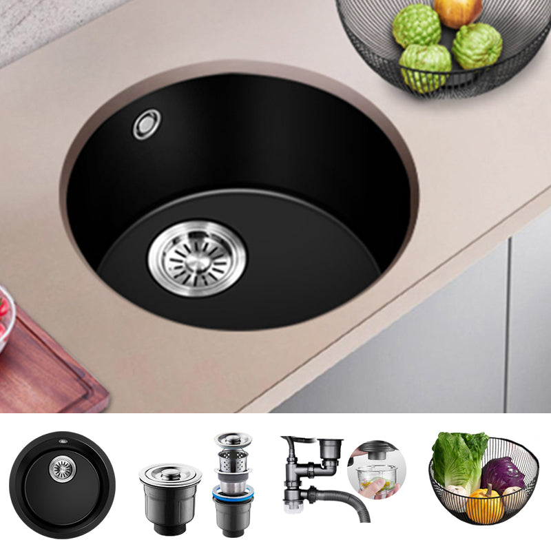 Black Quartz Kitchen Sink Round Single Bowl Sink with Basket Strainer