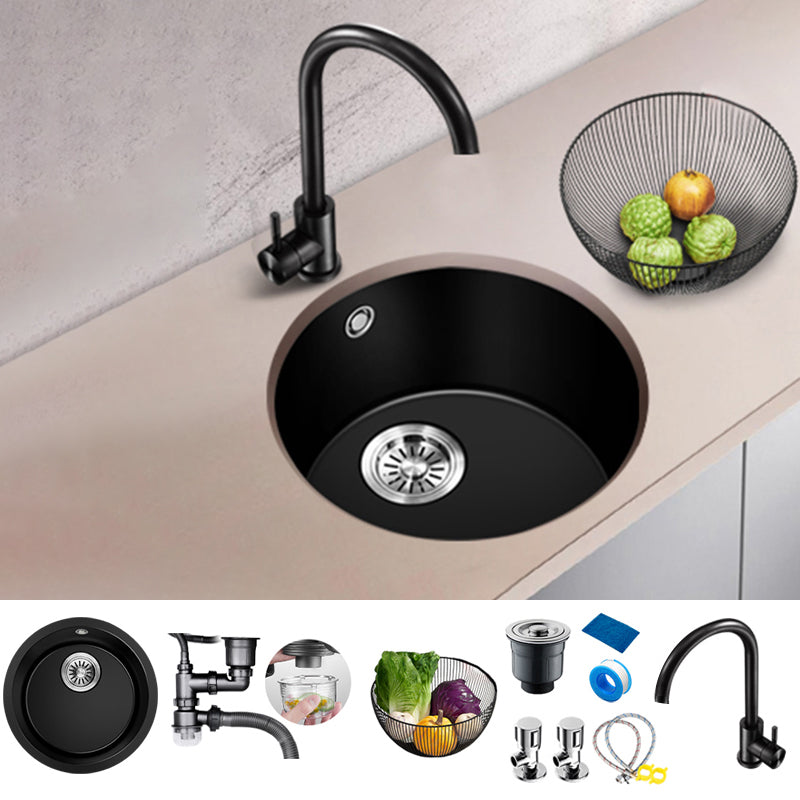 Black Quartz Kitchen Sink Round Single Bowl Sink with Basket Strainer