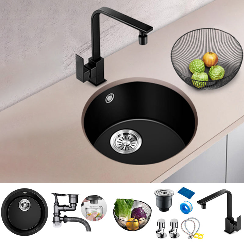 Black Quartz Kitchen Sink Round Single Bowl Sink with Basket Strainer