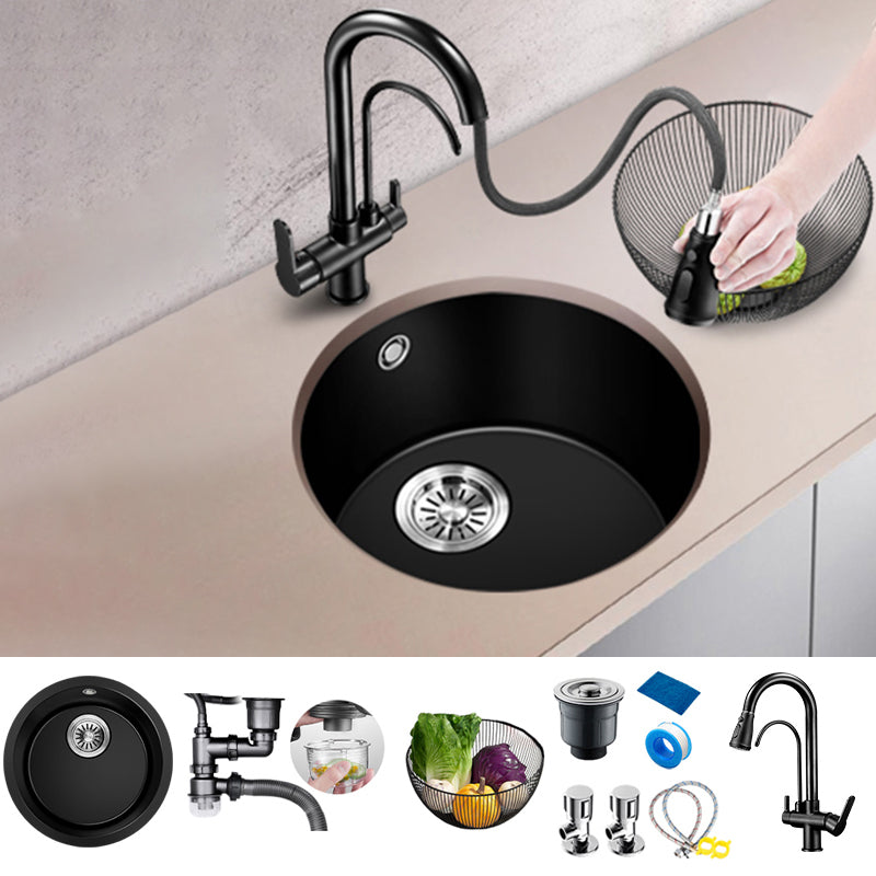 Black Quartz Kitchen Sink Round Single Bowl Sink with Basket Strainer