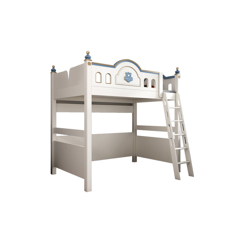 Wood Loft Bed with Guardrail White Kids Bed with Built-In Ladder/Stairway