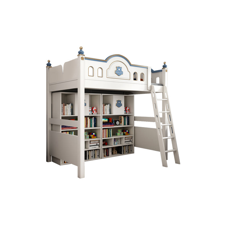 Wood Loft Bed with Guardrail White Kids Bed with Built-In Ladder/Stairway