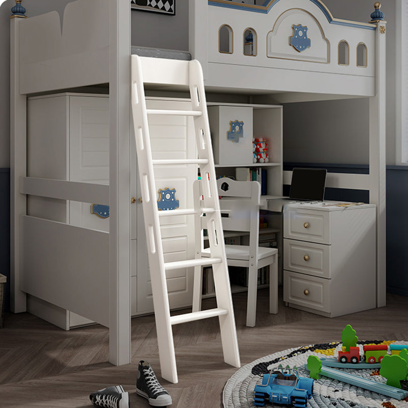 Wood Loft Bed with Guardrail White Kids Bed with Built-In Ladder/Stairway