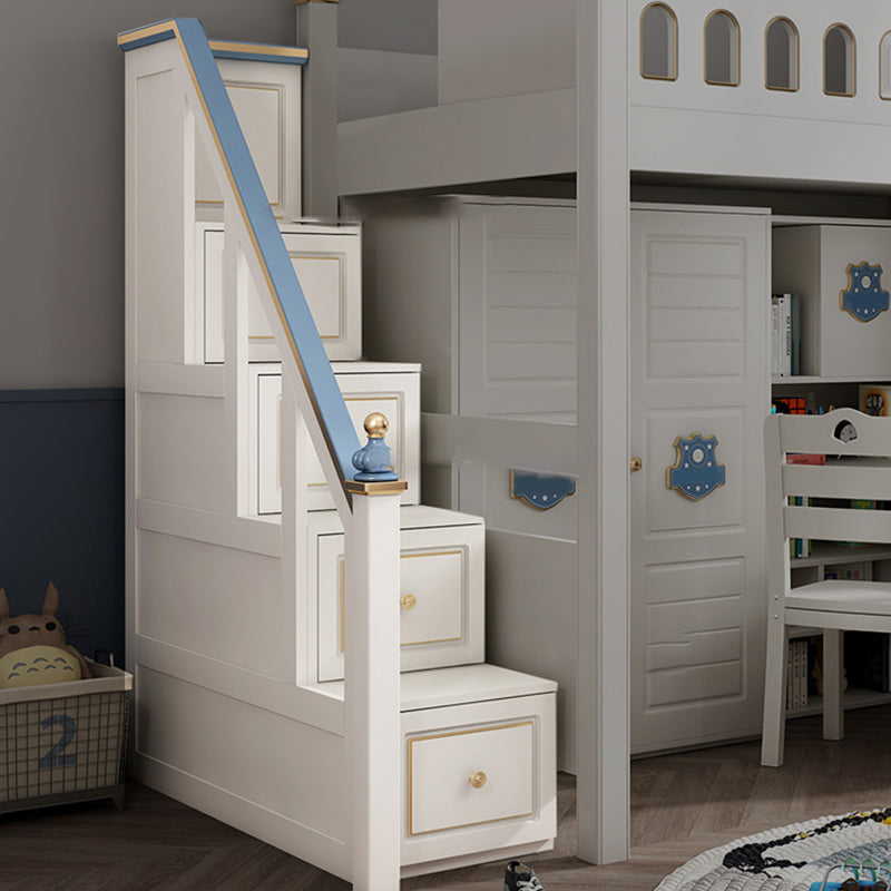 Wood Loft Bed with Guardrail White Kids Bed with Built-In Ladder/Stairway