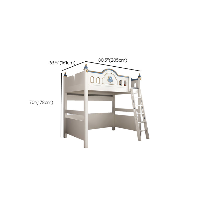 Wood Loft Bed with Guardrail White Kids Bed with Built-In Ladder/Stairway