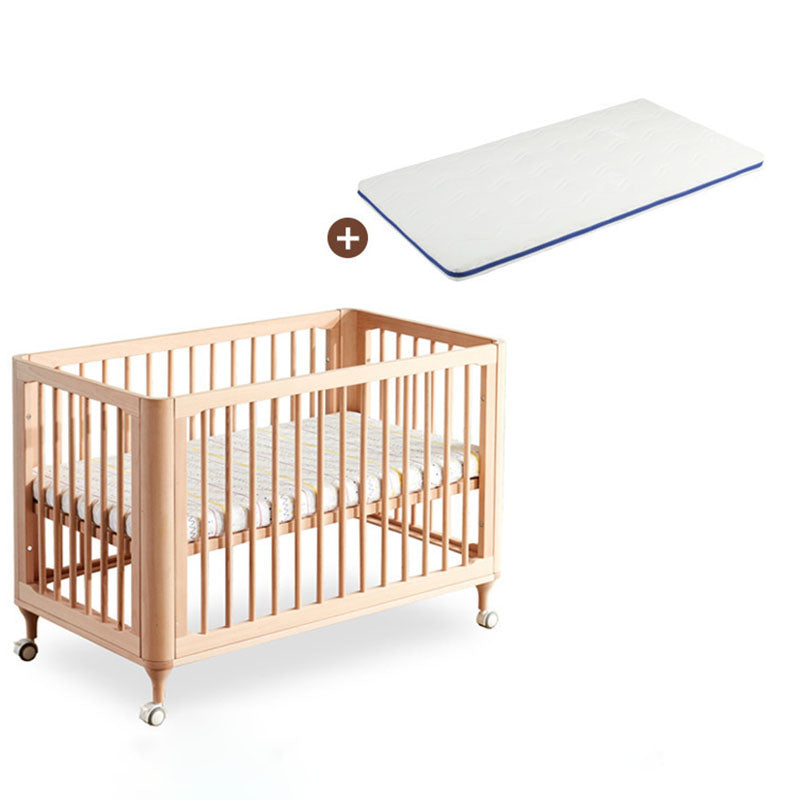 Solid Wood Convertible Crib in Nature Modern Standard Crib with Guardrail and Wheels