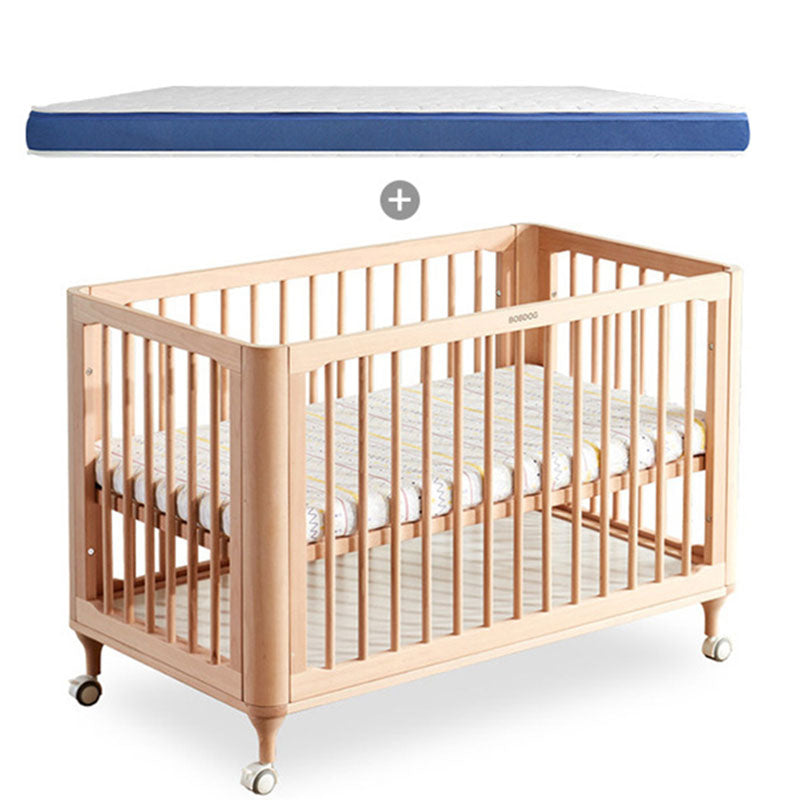 Solid Wood Convertible Crib in Nature Modern Standard Crib with Guardrail and Wheels