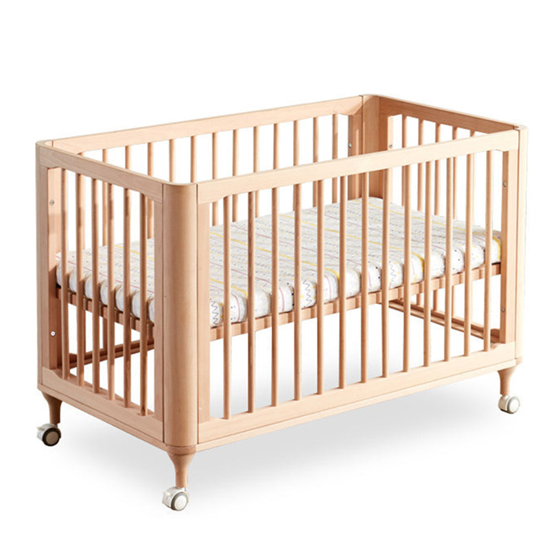 Solid Wood Convertible Crib in Nature Modern Standard Crib with Guardrail and Wheels