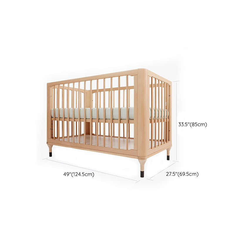 Solid Wood Convertible Crib in Nature Modern Standard Crib with Guardrail and Wheels