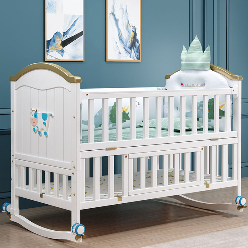 Contemporary White Baby Crib with Guardrail and Casters and Storage