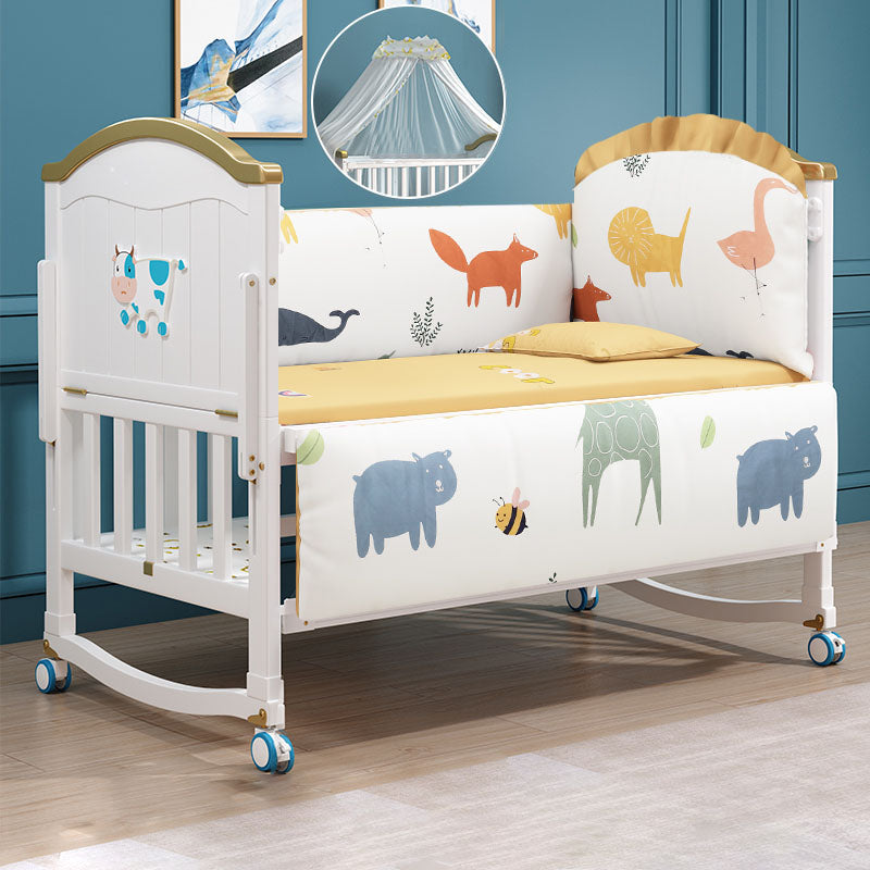 Contemporary White Baby Crib with Guardrail and Casters and Storage