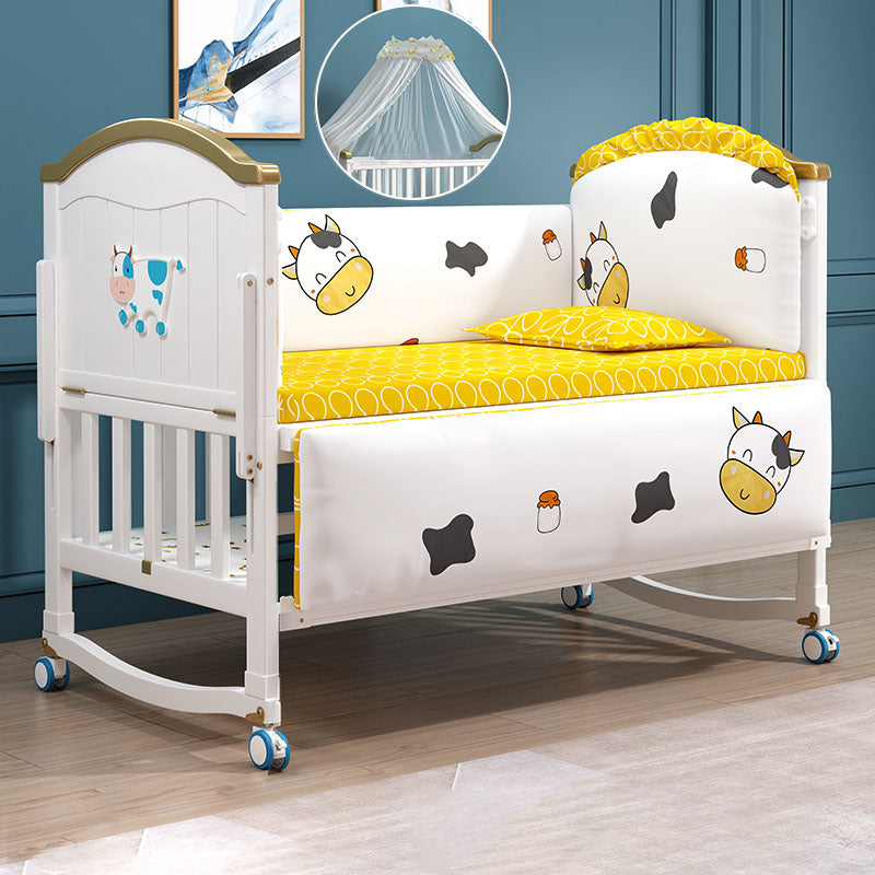 Contemporary White Baby Crib with Guardrail and Casters and Storage