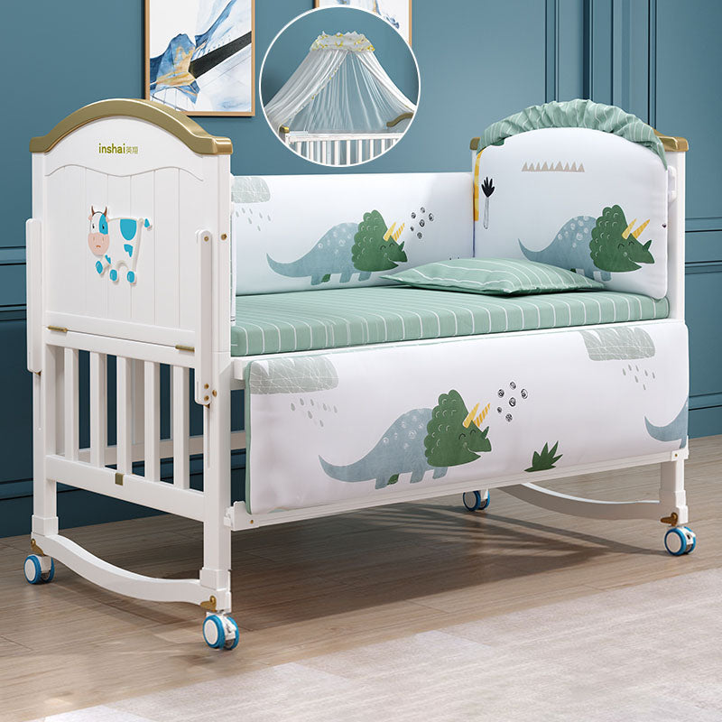 Contemporary White Baby Crib with Guardrail and Casters and Storage