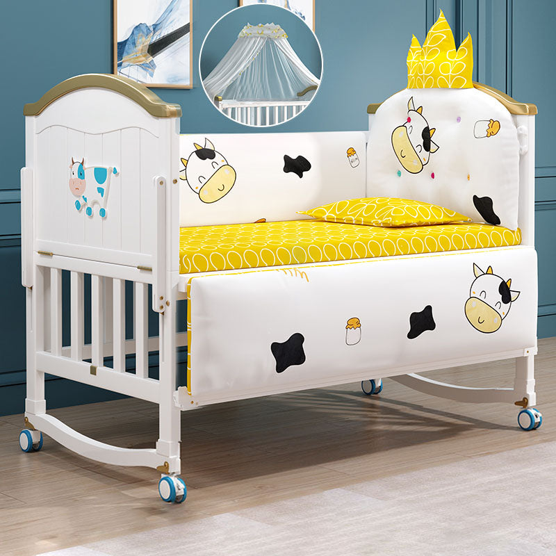 Contemporary White Baby Crib with Guardrail and Casters and Storage