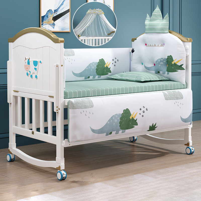 Contemporary White Baby Crib with Guardrail and Casters and Storage