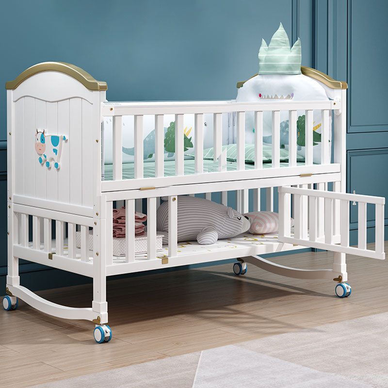 Contemporary White Baby Crib with Guardrail and Casters and Storage