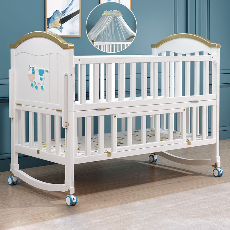 Contemporary White Baby Crib with Guardrail and Casters and Storage