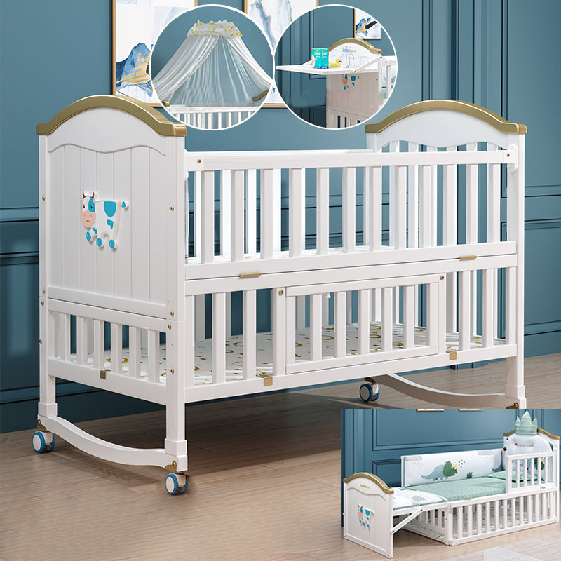 Contemporary White Baby Crib with Guardrail and Casters and Storage