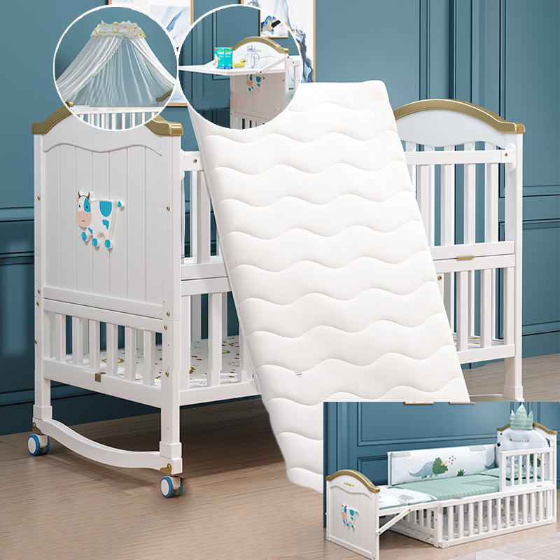 Contemporary White Baby Crib with Guardrail and Casters and Storage