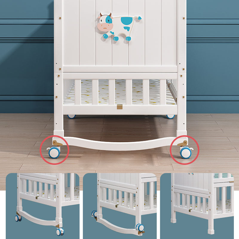 Contemporary White Baby Crib with Guardrail and Casters and Storage