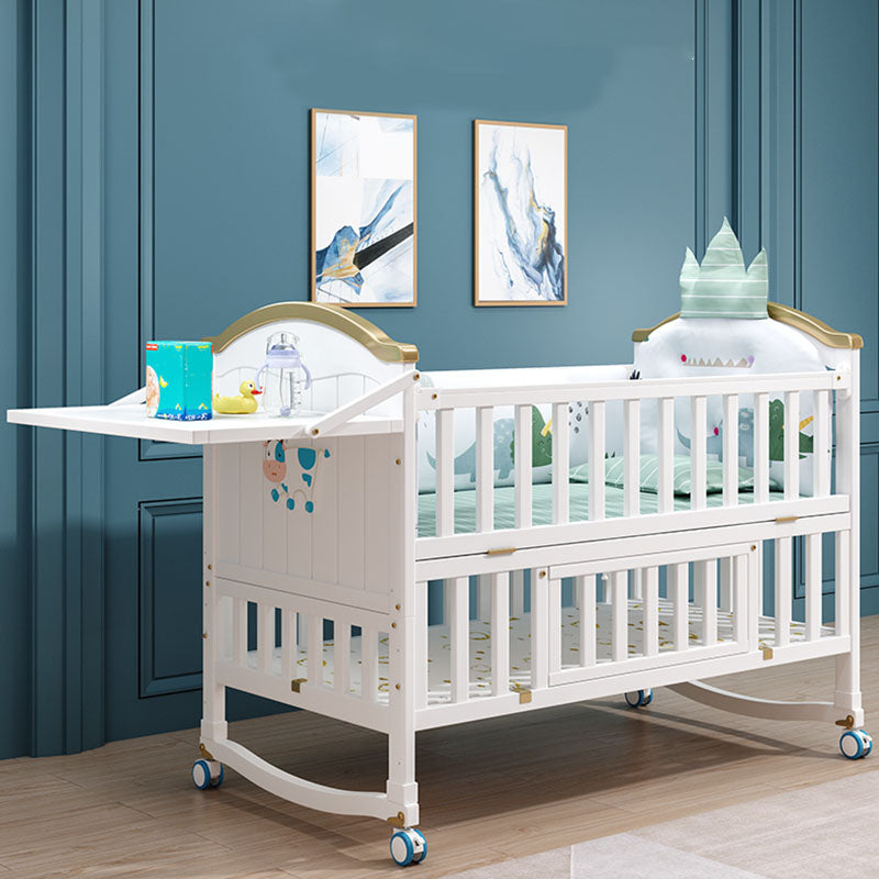 Contemporary White Baby Crib with Guardrail and Casters and Storage