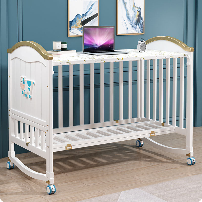 Contemporary White Baby Crib with Guardrail and Casters and Storage