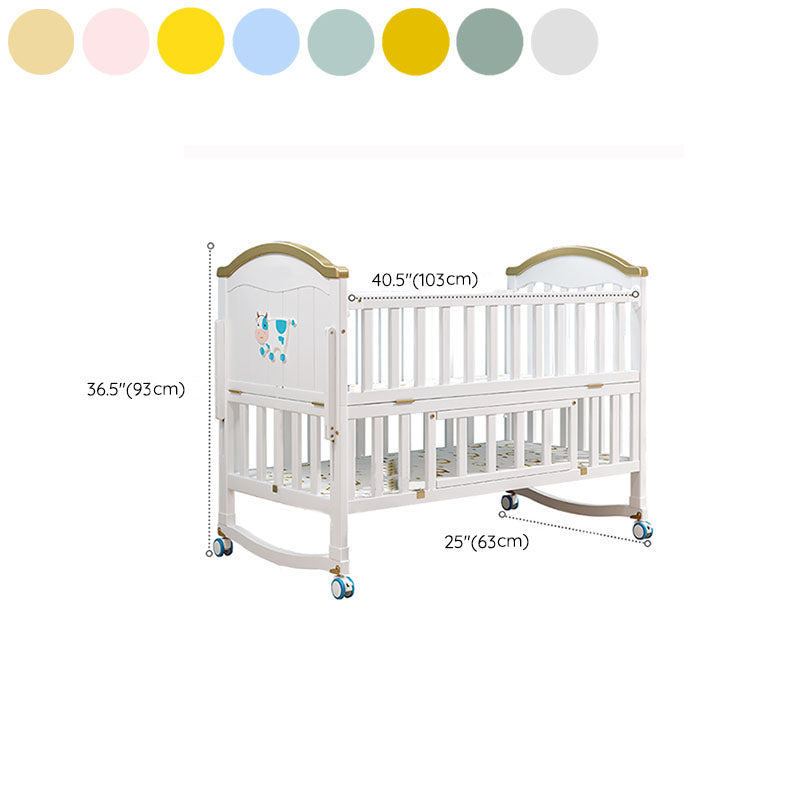 Contemporary White Baby Crib with Guardrail and Casters and Storage