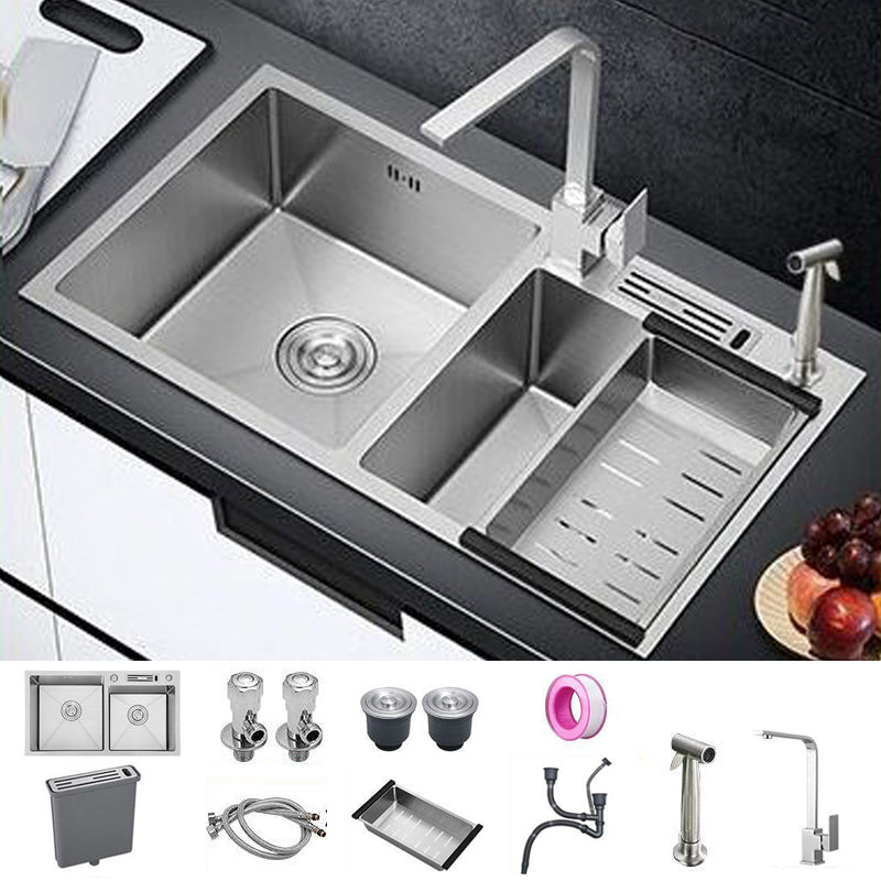 Contemporary Style Kitchen Sink Stainless Steel 2 Holes Kitchen Double Sink