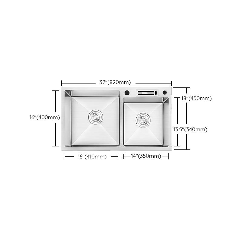 Contemporary Style Kitchen Sink Stainless Steel 2 Holes Kitchen Double Sink