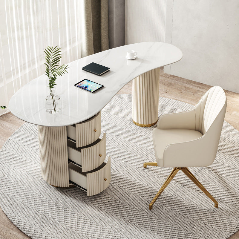 Contemporary Stone Writing Desk Bedroom Office Desk in White with 3 Drawers