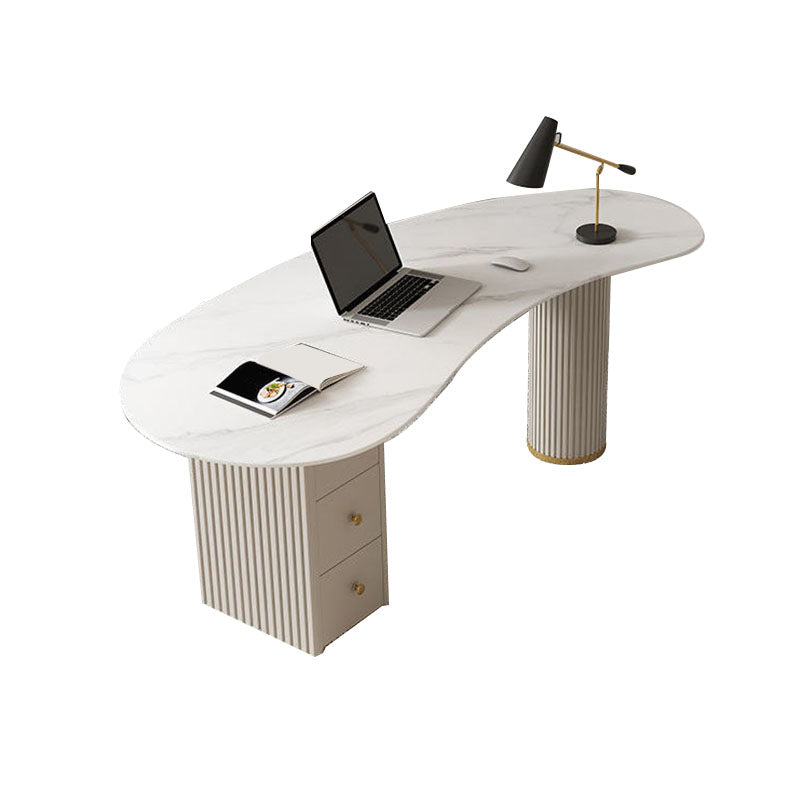 Contemporary Stone Writing Desk Bedroom Office Desk in White with Drawers