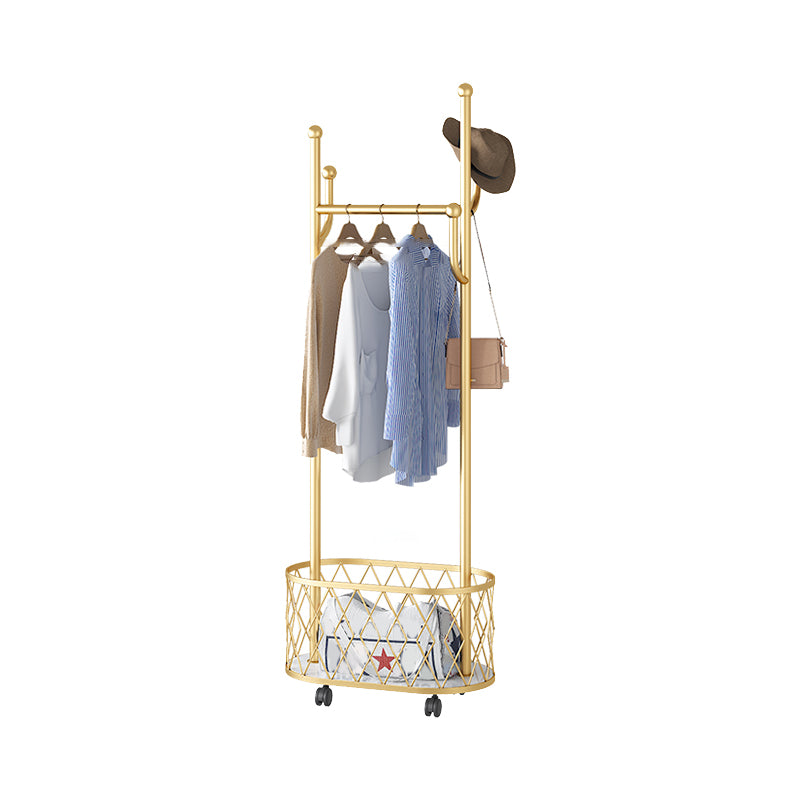 Contemporary Solid Color Coat Hanger Free Standing Storage Basket Coat Rack with Castors