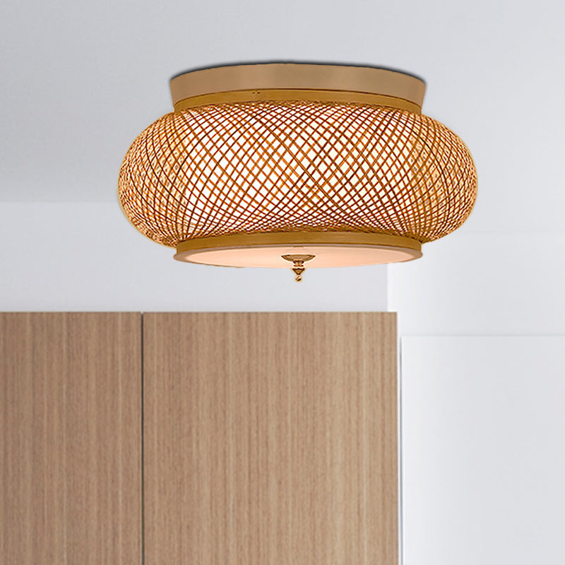 Hand-Knitted Flush Pendant Light with Lantern Design Asian Style Bamboo 3-Light Yellow Ceiling Fixture, 16"/19.5" W