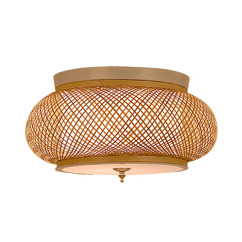 Hand-Knitted Flush Pendant Light with Lantern Design Asian Style Bamboo 3-Light Yellow Ceiling Fixture, 16"/19.5" W