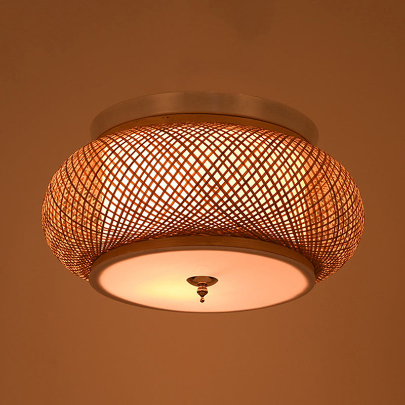 Hand-Knitted Flush Pendant Light with Lantern Design Asian Style Bamboo 3-Light Yellow Ceiling Fixture, 16"/19.5" W