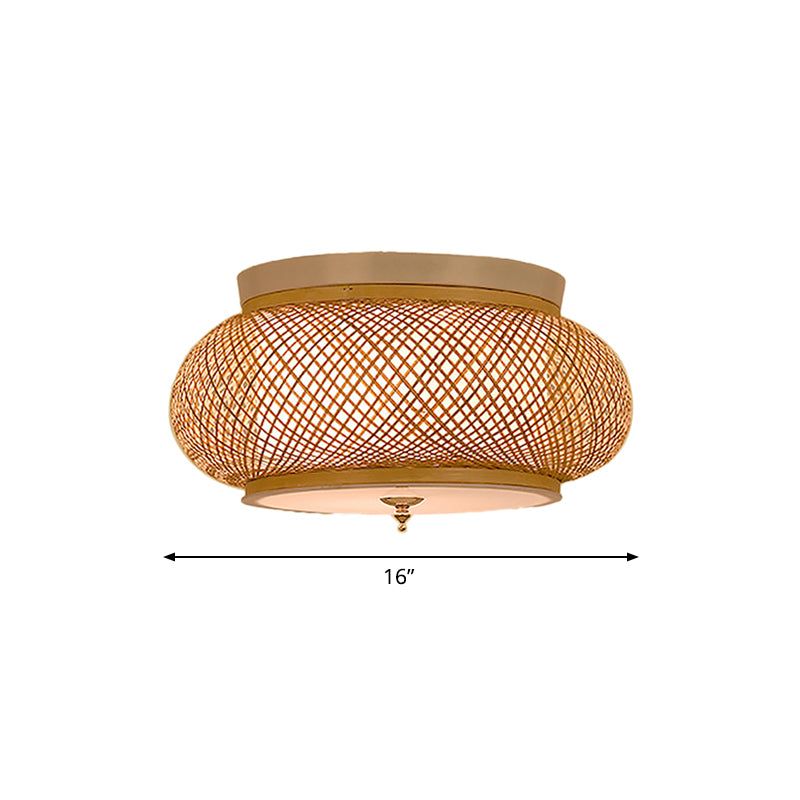 Hand-Knitted Flush Pendant Light with Lantern Design Asian Style Bamboo 3-Light Yellow Ceiling Fixture, 16"/19.5" W