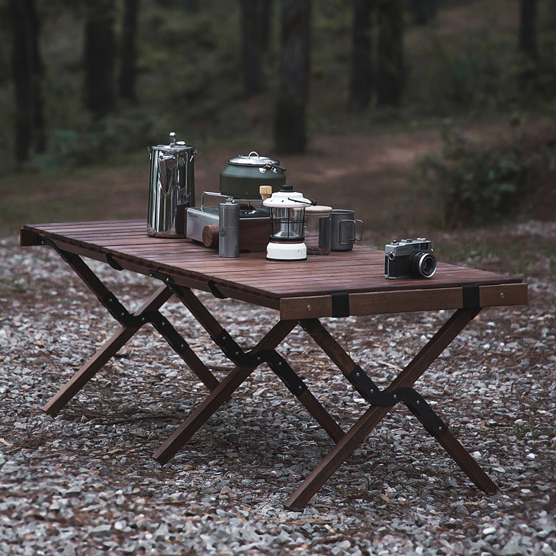 Solid Wood Camping Table Industrial Brown Rectangle Foldable Table